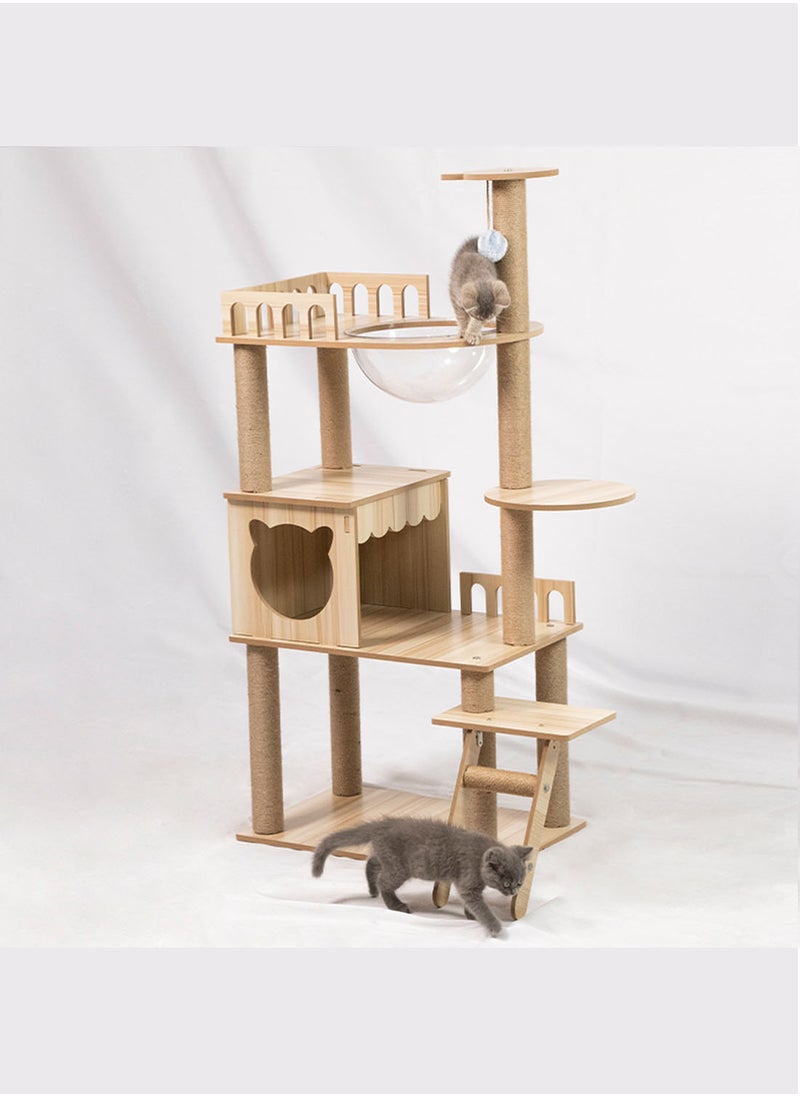 Kidle - Modern Cat Tree With Acrylic Space Capsule Cat Tree No Carpet Multi-Level Rugged Density Board Cat Tower With Large Cat Condo Round Top Perch Scratching Post 135x60x40 Cm Beige Wood - Image 1