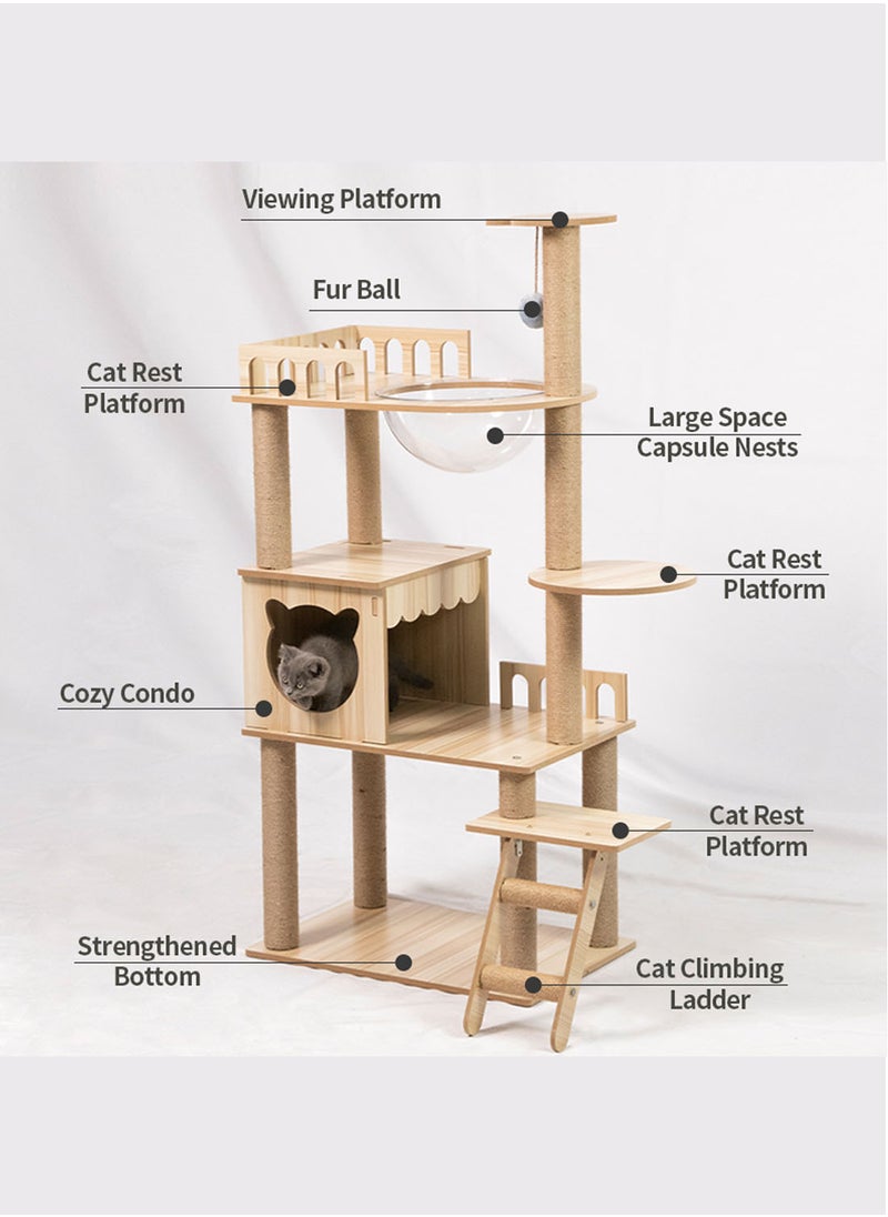 Kidle - Modern Cat Tree With Acrylic Space Capsule Cat Tree No Carpet Multi-Level Rugged Density Board Cat Tower With Large Cat Condo Round Top Perch Scratching Post 135x60x40 Cm Beige Wood - Image 1