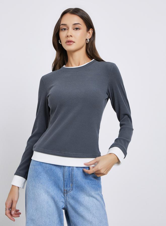 Styli Grey Contrast Tim Long Sleeve Top - Image 3