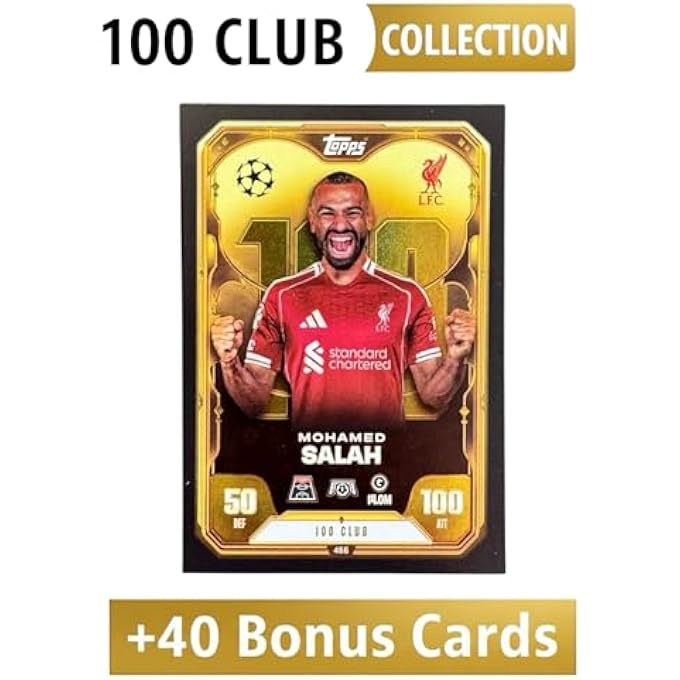 MOHAMED SALAH (LIVERPOOL) +40 BONUS CARDS  100 CLUB  MATCH ATTAX 2025/2026 (25/26)  RARE FOOTBALL TRADING CARD - Image 3