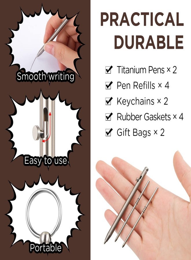 PerKoop 2 Sets Mini Titanium Pen Bolt Action EDC Pen Portable with Replacement Refill Keychains Gift Bags Rubber Gasket for Men Women Office Writing (Silver) - Image 3