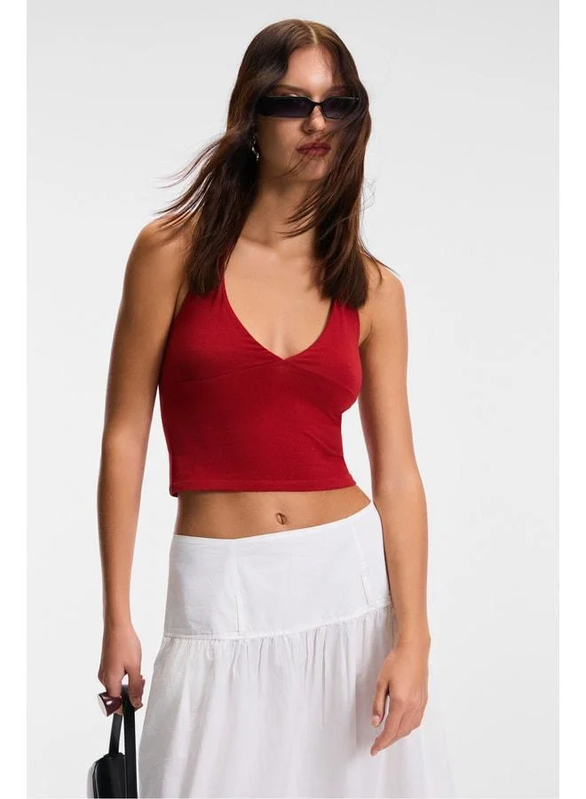 GRIMELANGE MORIENNE Women's Halter Neck Thick Strap Open-Back Crop Red Blouse.