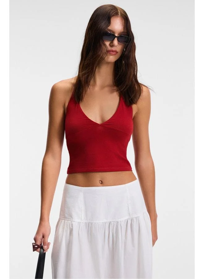 GRIMELANGE MORIENNE Women's Halter Neck Thick Strap Open-Back Crop Red Blouse.