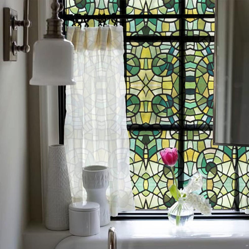 funlife Original Hand-Drawn Faux Stained Glass Window Film, Double-Sided Static Cling Window Cling Suitable for Entryway, Reusable Glass Windows Door Decor, Green Glass Mosaic, 11.8"x118" - Image 1