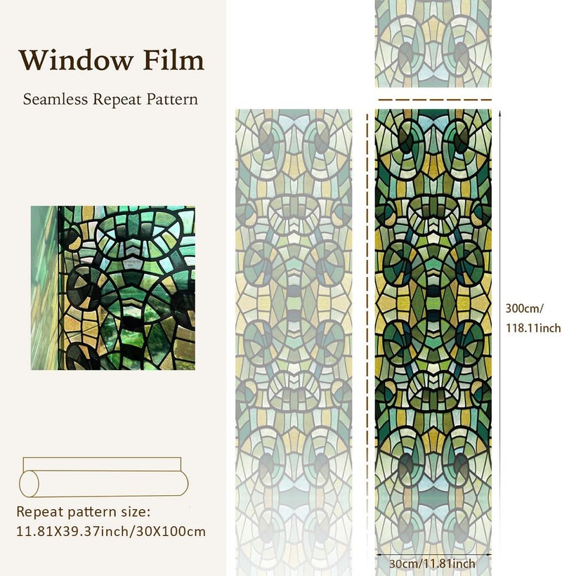 funlife Original Hand-Drawn Faux Stained Glass Window Film, Double-Sided Static Cling Window Cling Suitable for Entryway, Reusable Glass Windows Door Decor, Green Glass Mosaic, 11.8"x118" - Image 3