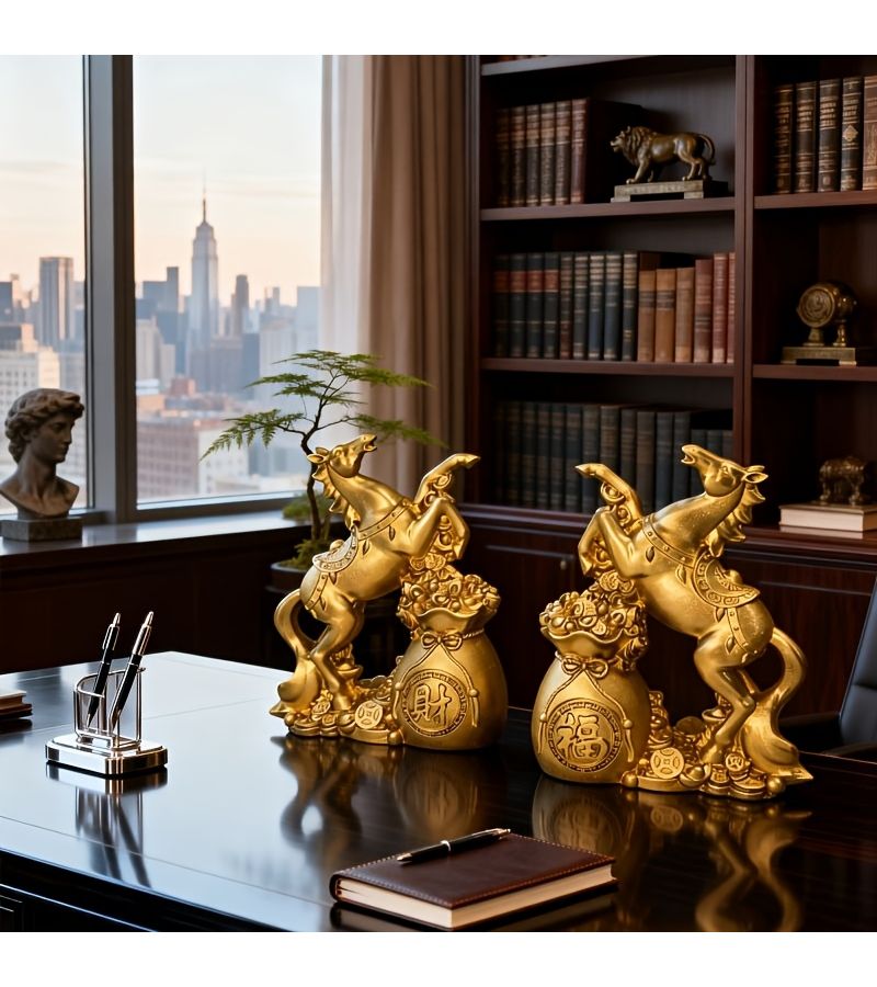 Gilded Wealth Galloping Horse Feng Shui Statue Resin Fortune Sculpture for Good Luck Office Desk Altar Decor Chinese Charm - Image 1