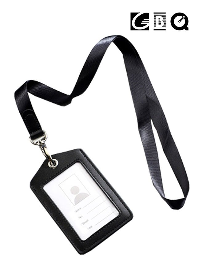 GBQ Double-sided Transparent Leather Work Card Sleeve Staff Work Card Leather Card Cover With Lanyard Work Card Brand Badge Sleeve ID Card Black  - Image 1