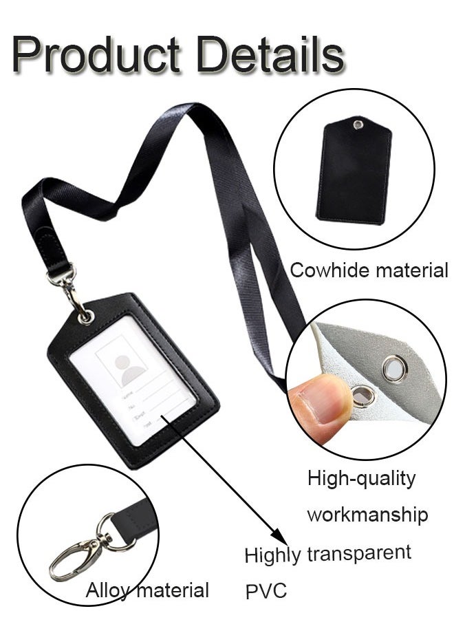 GBQ Double-sided Transparent Leather Work Card Sleeve Staff Work Card Leather Card Cover With Lanyard Work Card Brand Badge Sleeve ID Card Black  - Image 3