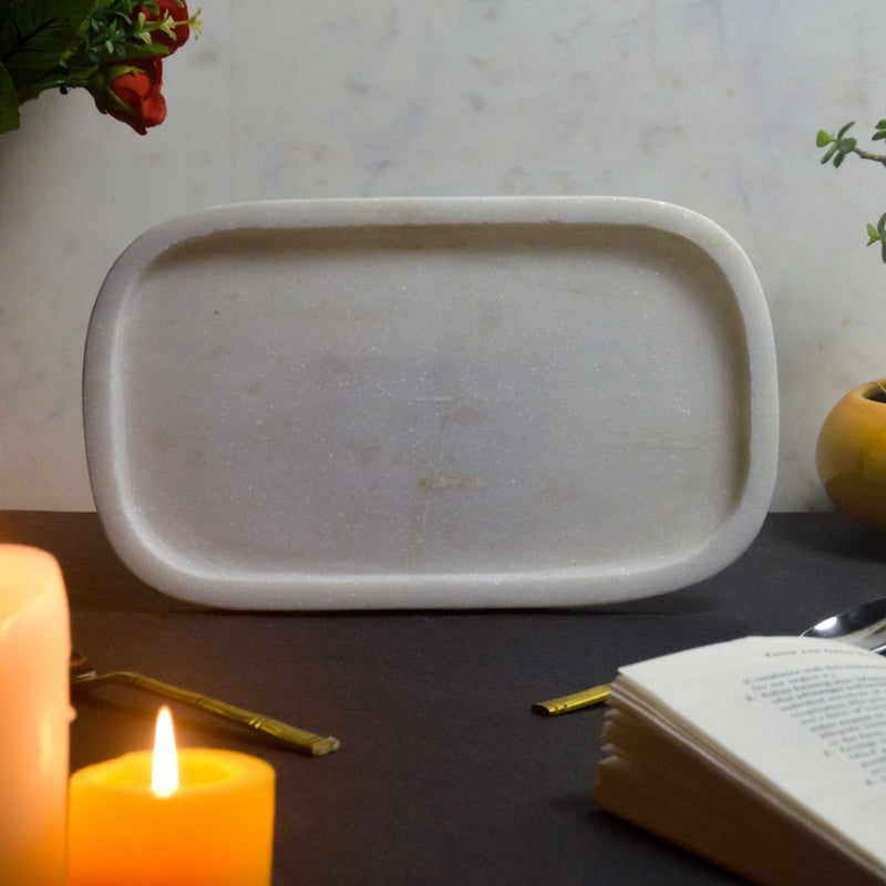 MARBIQUE Rectangle Shape White Marble Tray for Bathroom, Kitchen Serving, Dining Table Decoration and Gift (Vanity Platter, Rectangular) 25 × 15 cm - Image 1
