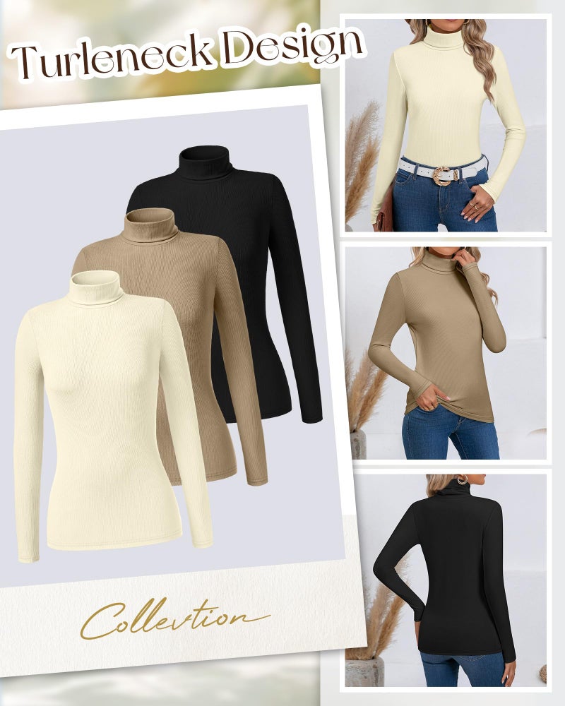 Ficerd 3 Pack Women's Ribbed Thermal Turtleneck Tops Long Sleeve Stretch Shirts Knitted Fitted Lightweight Base Layer(Small,Black, Khaki, Cream) - Image 5