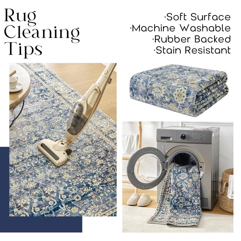 BILEEHOME Blue Area Rugs 5x7 Vintage Boho Flower Distressed Low Pile Rug with Rubber Backing Dark Blue Non Slip Stain Resistant 5x7 Washable Rug for Living Room Bedroom Dining Room Carpet for Under Table - Image 4