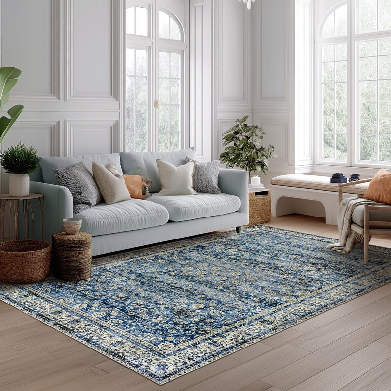 BILEEHOME Blue Area Rugs 5x7 Vintage Boho Flower Distressed Low Pile Rug with Rubber Backing Dark Blue Non Slip Stain Resistant 5x7 Washable Rug for Living Room Bedroom Dining Room Carpet for Under Table - Image 1