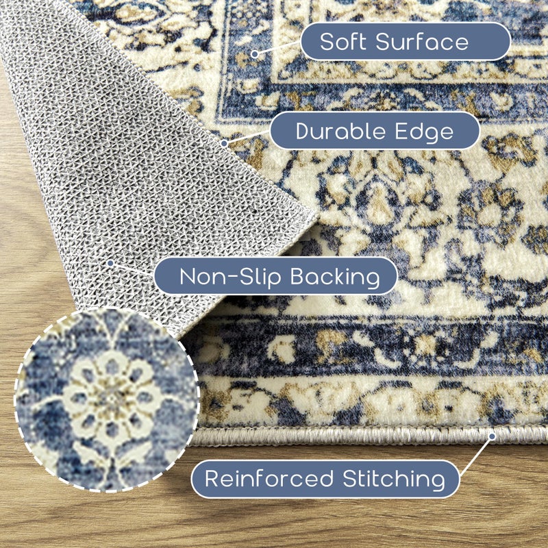 BILEEHOME Blue Area Rugs 5x7 Vintage Boho Flower Distressed Low Pile Rug with Rubber Backing Dark Blue Non Slip Stain Resistant 5x7 Washable Rug for Living Room Bedroom Dining Room Carpet for Under Table - Image 3