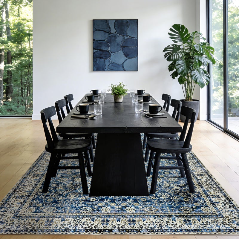 BILEEHOME Blue Area Rugs 5x7 Vintage Boho Flower Distressed Low Pile Rug with Rubber Backing Dark Blue Non Slip Stain Resistant 5x7 Washable Rug for Living Room Bedroom Dining Room Carpet for Under Table - Image 5