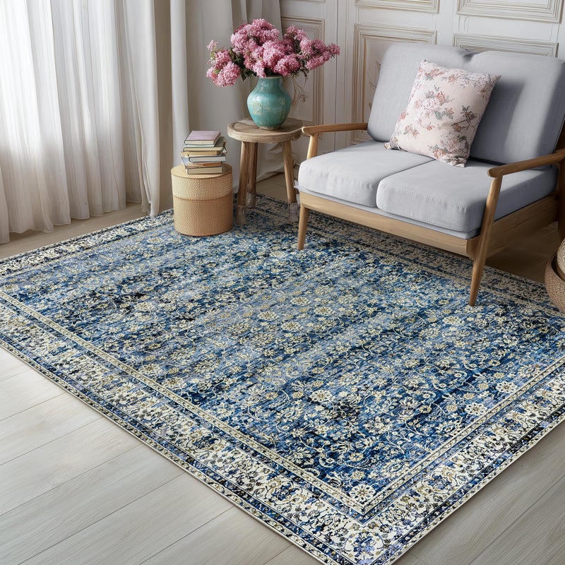 BILEEHOME Blue Area Rugs 5x7 Vintage Boho Flower Distressed Low Pile Rug with Rubber Backing Dark Blue Non Slip Stain Resistant 5x7 Washable Rug for Living Room Bedroom Dining Room Carpet for Under Table - Image 2