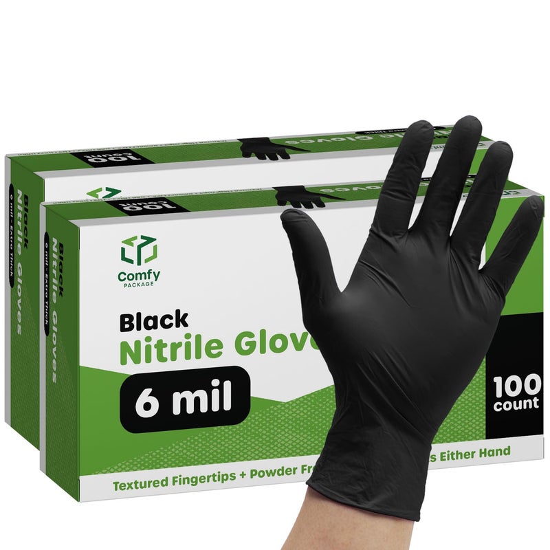 Comfy Package [100 Coun, pack of 2 HEAVY DUTY Black Nitrile Gloves Disposable Latex Free, 6 Mil Extra Strength, Powder Free, Chemical Resistant, Textured Fingertips - Medium - Image 1