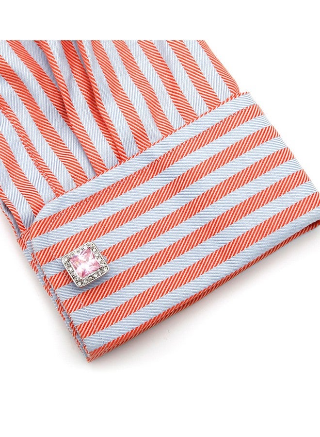 أزرار أكمام مربعة من الكريستال الوردي الفضي للرجال في علبة هدية مجموعة أزرار أكمام كلاسيكية للرجال من الأحجار الكريمة ذات الأوجه لحفلات الزفاف والمناسبات التجارية وفستان السهرة - Image 4