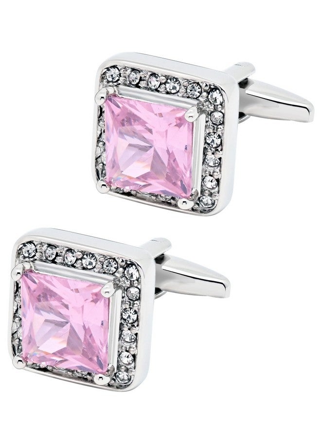 أزرار أكمام مربعة من الكريستال الوردي الفضي للرجال في علبة هدية مجموعة أزرار أكمام كلاسيكية للرجال من الأحجار الكريمة ذات الأوجه لحفلات الزفاف والمناسبات التجارية وفستان السهرة - Image 1