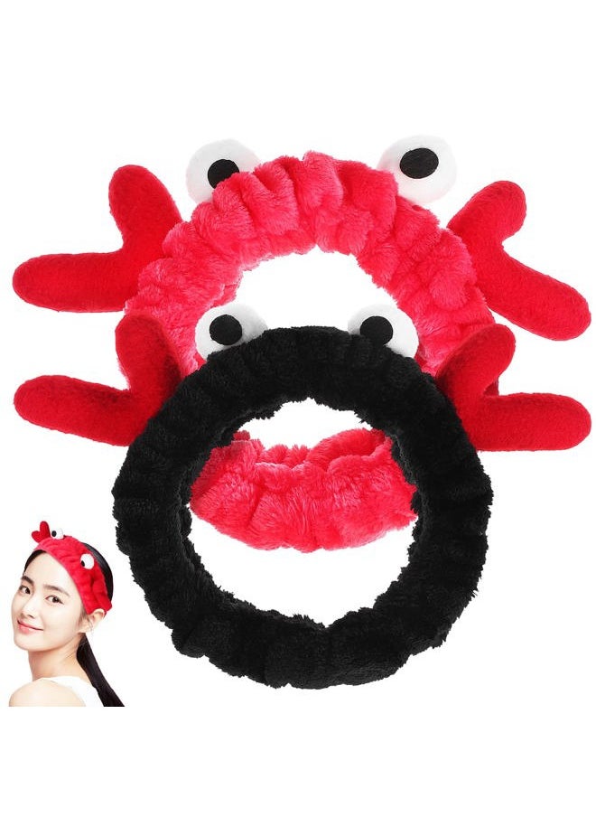 Beaupretty 2 Pieces Women Spa Headband - Makeup Headband Cute Face Washing Headband Cartoon Crab Headband Coral Fleece Headwrap(Black,Red)  - Image 1