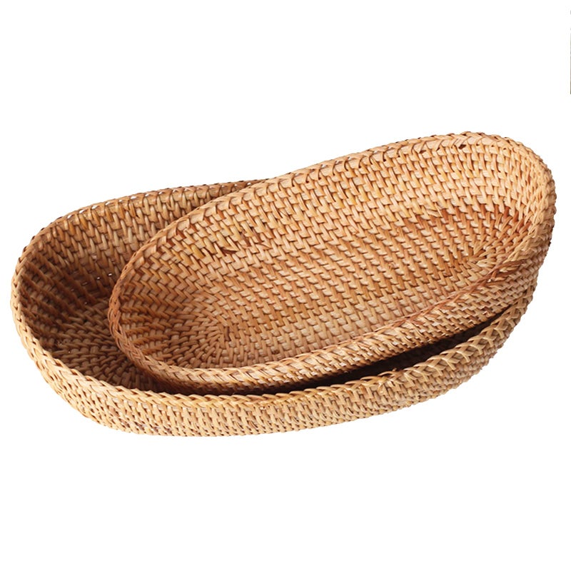 ilan Set of 2 Oval Rattan Bread Baskets 13 Inch Handwoven Wicker Basket Long with 27 Wall Decorative Narrow Serving Basket Boho Bowl for Fruit Food Snack Brown 2sizeSL