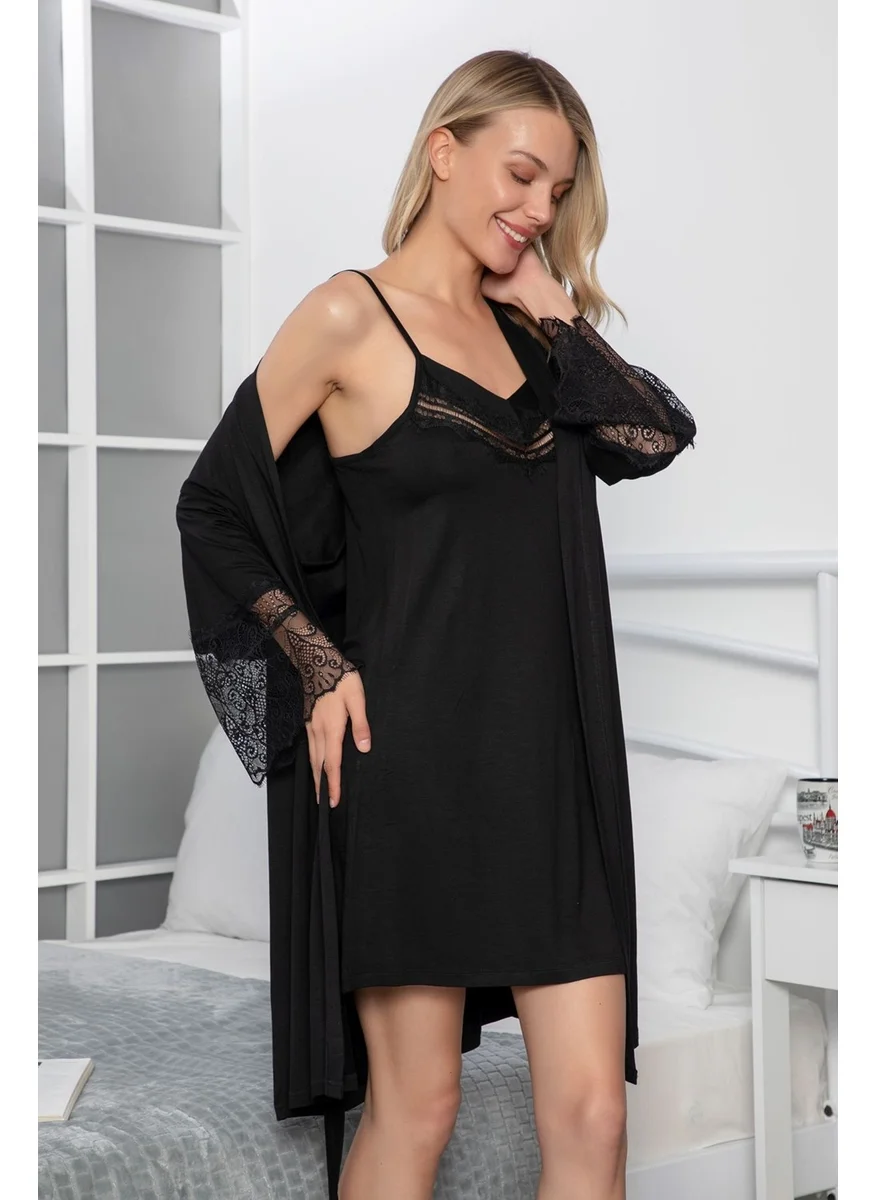 Monamise 18155 Women's Black Lace Detailed Rope Strap Nightgown Dressing Gown Set