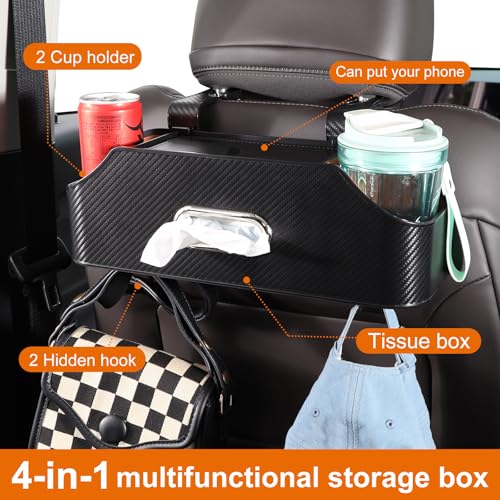 Sancaral Car Rear Backseat Extra Multifunctional Drink Cup Holder Organizers with Tissue Storage Box Organizer & Hooks for Car Seat Back. imitation carbon fiber texture - Image 2
