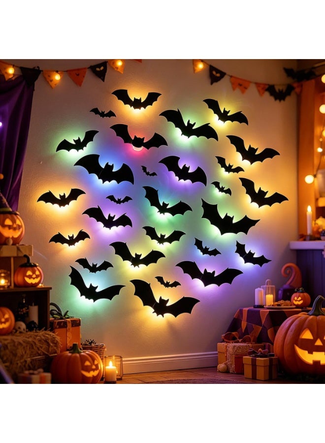 Halloween 12Pcs Halloween Bats Wall Decor with 12 Color Changing Lights, 3D Light Up Bats with Remote Timer, 10 Different Size PET LED Bat Wall Stickers for Bedroom Window Spooky Decor Home Decals - Image 3