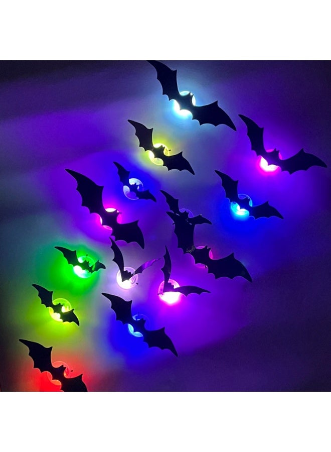 Halloween 12Pcs Halloween Bats Wall Decor with 12 Color Changing Lights, 3D Light Up Bats with Remote Timer, 10 Different Size PET LED Bat Wall Stickers for Bedroom Window Spooky Decor Home Decals - Image 1