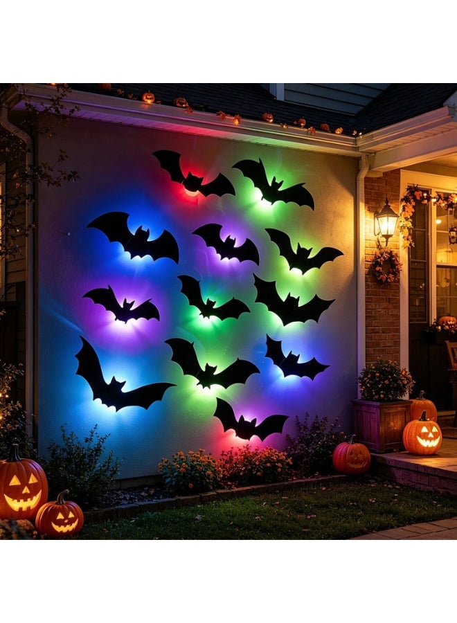 Halloween 12Pcs Halloween Bats Wall Decor with 12 Color Changing Lights, 3D Light Up Bats with Remote Timer, 10 Different Size PET LED Bat Wall Stickers for Bedroom Window Spooky Decor Home Decals - Image 4