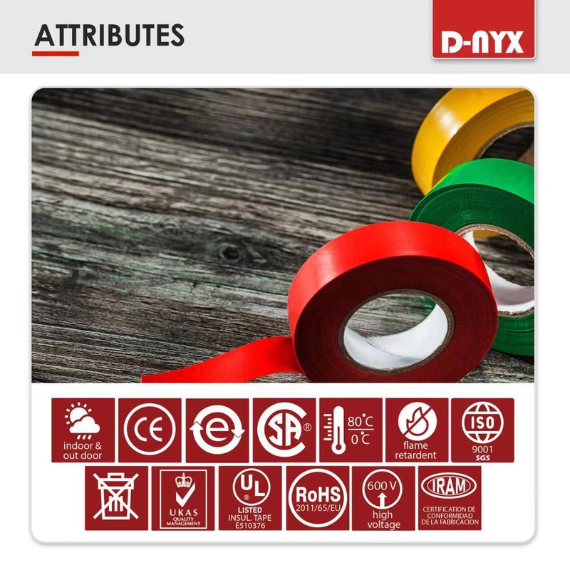 D-NYX 6 Pack Color Vinyl Electrical Tape, Waterproof Flame Heat & Weather Resistant IndoorOutdoor High-Temperature Professional Grade Electric Wire Colored Tape 3/4 in x 30 FT x 7 Mil E Tape - Image 3