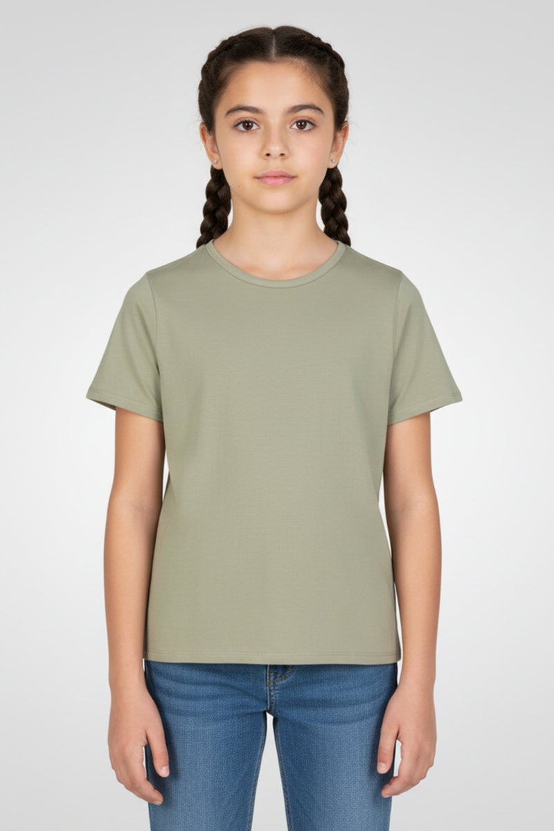 Scene & Heard Kids Girl Short Sleeve Plain T-Shirts, Sage Green - Image 1
