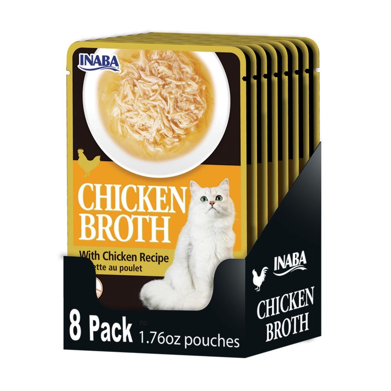 INABA Chicken Broth, Side Dish/Topper for Cats with Vitamin E, 1.76 Ounce Pouch, 8 Pouches Total, Chicken Recipe - Image 1