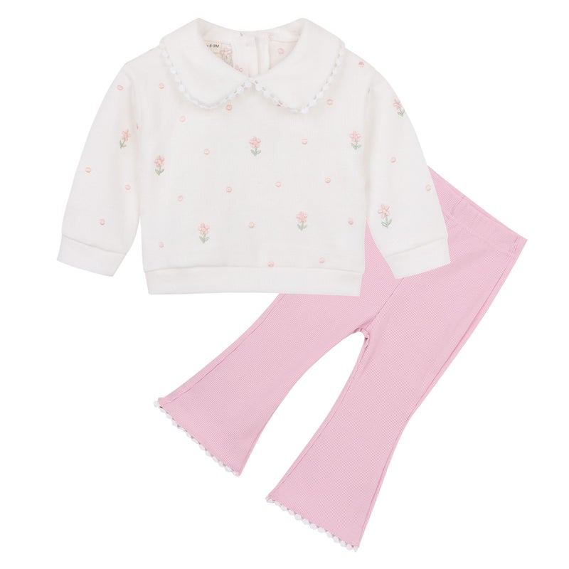 Korago Baby Girl Clothes Outfit, Flower Embroidered Sweatshirt & Pink Flared Pants Set, Baby Clothes 6Mâ€“3T, 2Pcs Girls Clothes (white, 12-18 Months) - Image 1