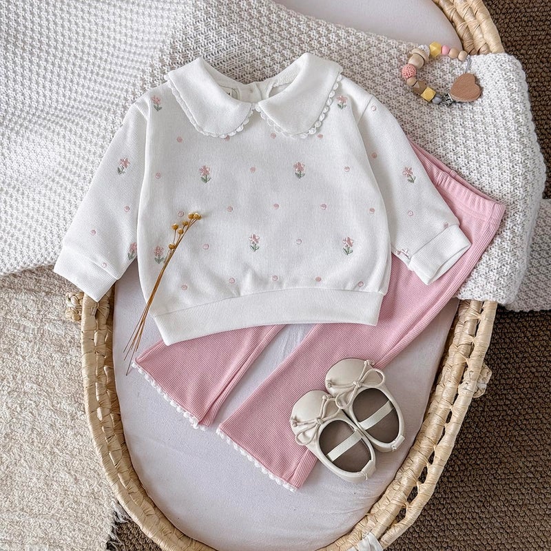 Korago Baby Girl Clothes Outfit, Flower Embroidered Sweatshirt & Pink Flared Pants Set, Baby Clothes 6Mâ€“3T, 2Pcs Girls Clothes (white, 12-18 Months) - Image 3