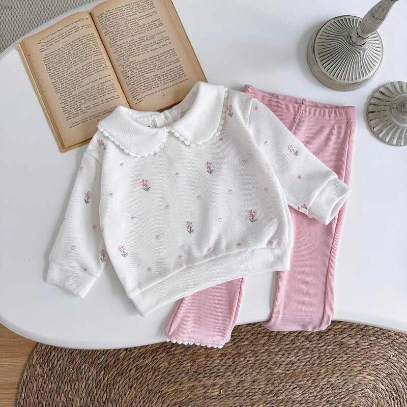Korago Baby Girl Clothes Outfit, Flower Embroidered Sweatshirt & Pink Flared Pants Set, Baby Clothes 6Mâ€“3T, 2Pcs Girls Clothes (white, 12-18 Months) - Image 5