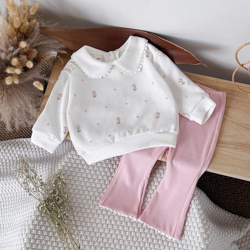Korago Baby Girl Clothes Outfit, Flower Embroidered Sweatshirt & Pink Flared Pants Set, Baby Clothes 6Mâ€“3T, 2Pcs Girls Clothes (white, 12-18 Months) - Image 2