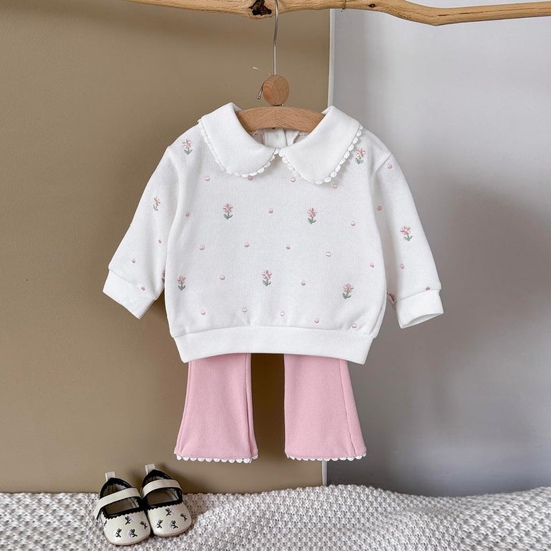 Korago Baby Girl Clothes Outfit, Flower Embroidered Sweatshirt & Pink Flared Pants Set, Baby Clothes 6Mâ€“3T, 2Pcs Girls Clothes (white, 12-18 Months) - Image 4