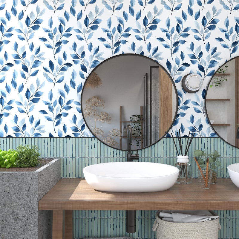 VOLEAAR Blue Leaf Boho Peel and Stick Wallpaper â€“ 17.5" x 393" Self-Adhesive Vinyl Blue Floral Contact Paper for Bedroom Bathroom Walls, Modern Removable Wallpaper Decor in Navy and White - Image 4