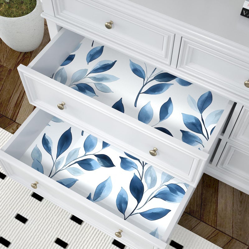 VOLEAAR Blue Leaf Boho Peel and Stick Wallpaper â€“ 17.5" x 393" Self-Adhesive Vinyl Blue Floral Contact Paper for Bedroom Bathroom Walls, Modern Removable Wallpaper Decor in Navy and White - Image 5