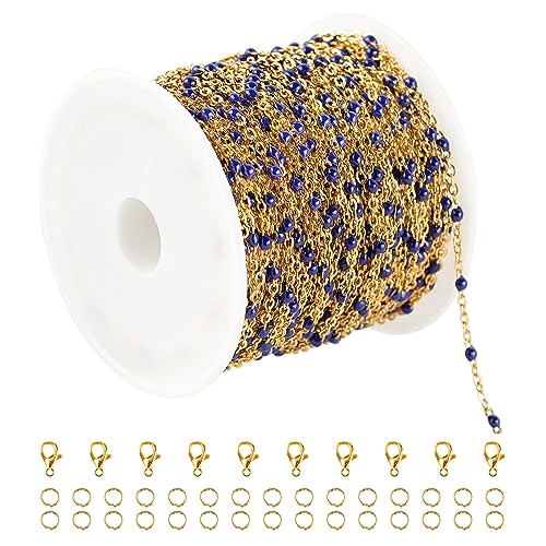 UMAOKANG Gold Plated Stainless Steel Jewelry Chains Bulk Cable Link Chain on Spool Royal Blue Enamel Bead Rosary Chain for Necklace Bracelet DIY Making Jewelry Supplies - Image 1