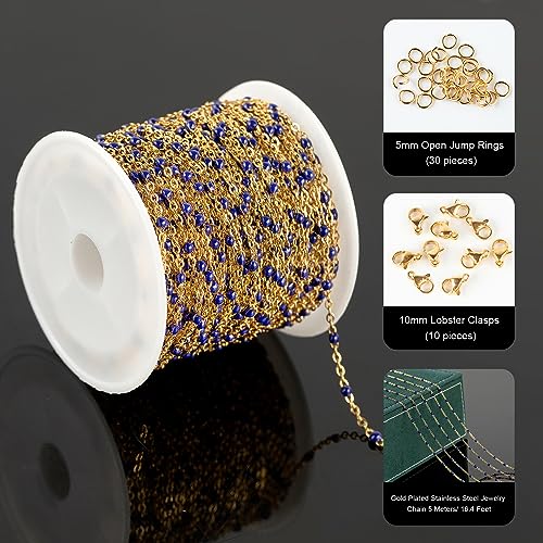UMAOKANG Gold Plated Stainless Steel Jewelry Chains Bulk Cable Link Chain on Spool Royal Blue Enamel Bead Rosary Chain for Necklace Bracelet DIY Making Jewelry Supplies - Image 2