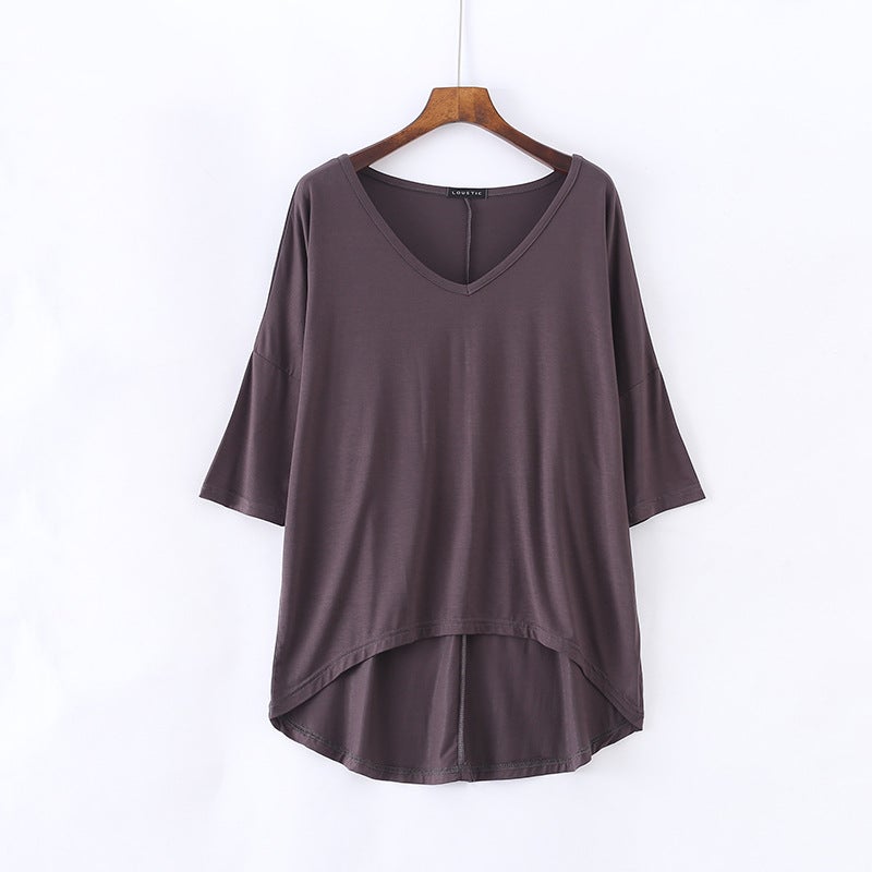 Modal Batwing Sleeve Mid-Sleeve T-Shirt Women'S Casual Korean-Style V-Neck Solid Color Plus Size Half-Sleeve Base Shirt - Image 1