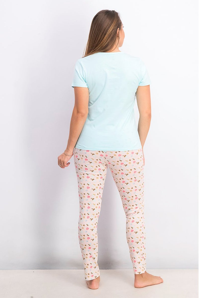 XOXO Women 2 Pcs Set Graphic Tee and Drawstring Allover Print Shorts, Turquoise - Image 3