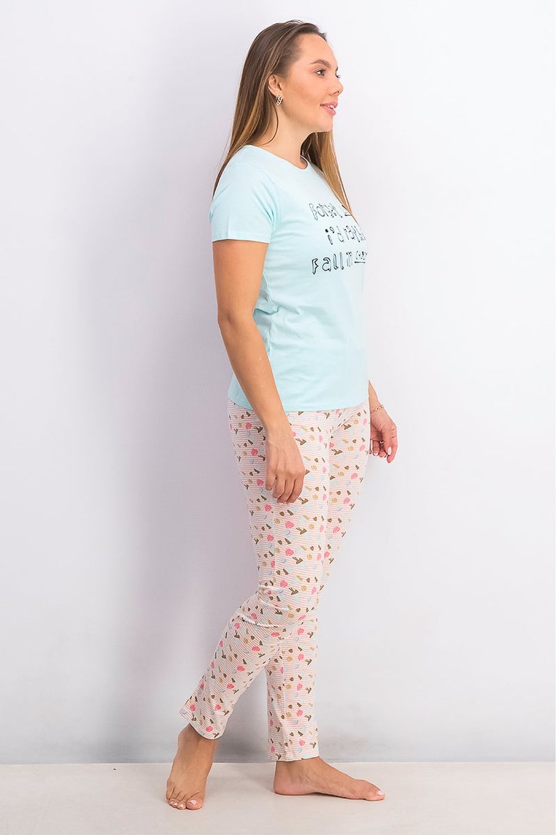 XOXO Women 2 Pcs Set Graphic Tee and Drawstring Allover Print Shorts, Turquoise - Image 2