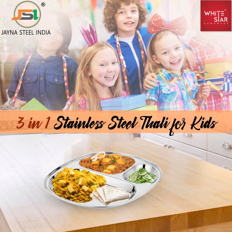 JSI Heavy 304 Grade Quality Stainless Steel 3 In 1 Pav Bhaji Plate-4 Pieces; Dinner Plate For Kids. 100% Food Grade Quality & Heavy Guage Material Makes It Exclusive & Durable - Permanent Laser Design - Image 4