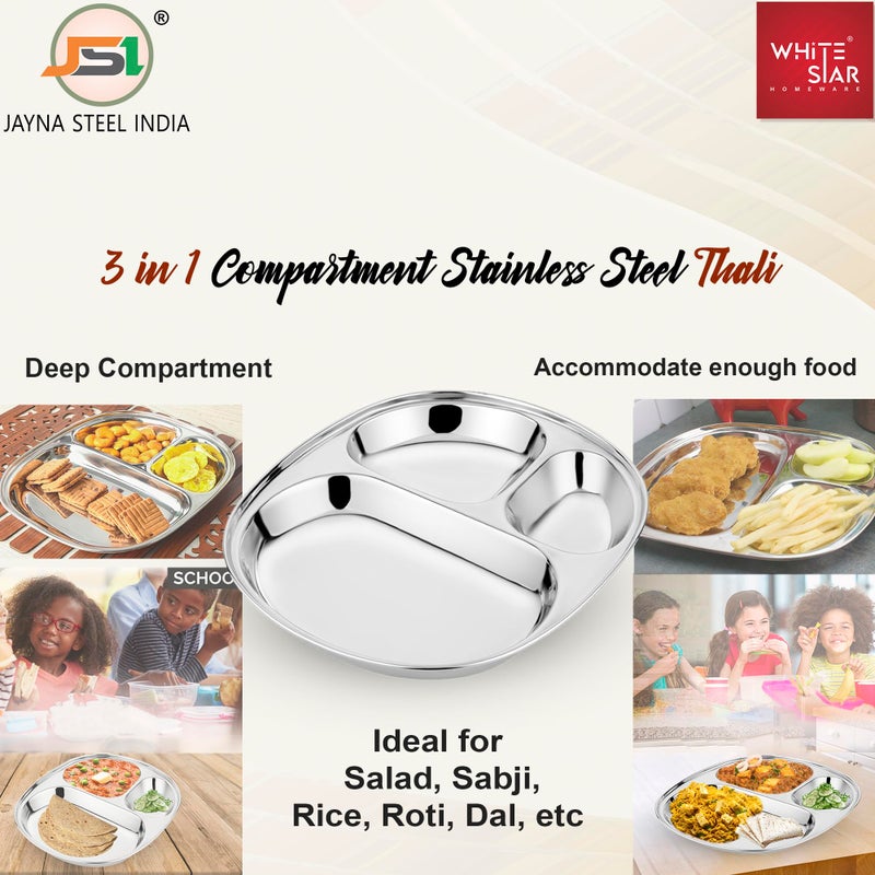 JSI Heavy 304 Grade Quality Stainless Steel 3 In 1 Pav Bhaji Plate-4 Pieces; Dinner Plate For Kids. 100% Food Grade Quality & Heavy Guage Material Makes It Exclusive & Durable - Permanent Laser Design - Image 5