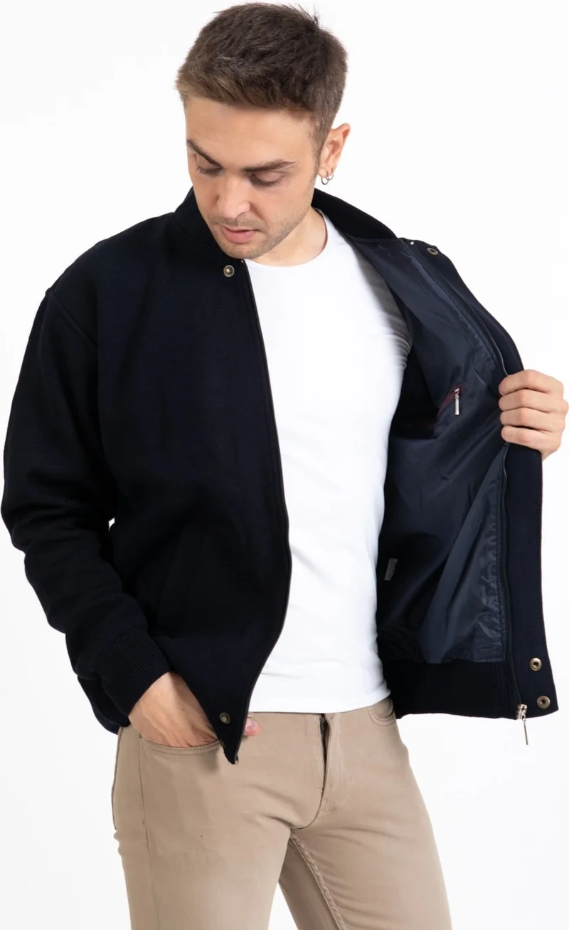 Mutlu City Men's Middle Age and Above Knitwear Lined Acrylic Zippered Winter Dad Cardigan 3065-Navy Blue