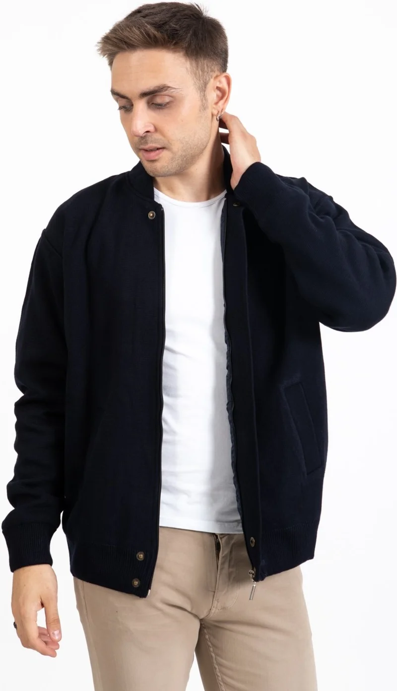 Mutlu City Men's Middle Age and Above Knitwear Lined Acrylic Zippered Winter Dad Cardigan 3065-Navy Blue