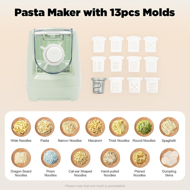HAPPCUCOE Electric Pasta Maker,Automatic Pasta Machine,260W Household Pasta Maker, Automatic Noodle Maker with 13 Noodle Shapes to Choose for Home Kitchen Use,Green - Image 2