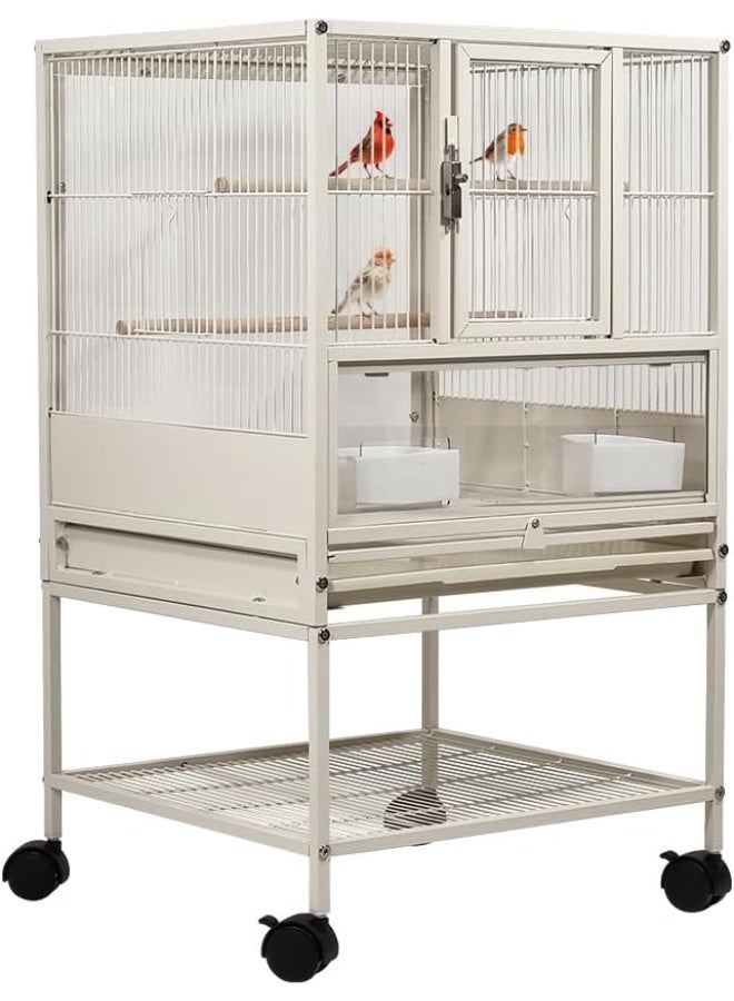 NNC PETS Small bird cage for Lovebirds, Conure, Budgies with Slide-out tray, Feeding bowls, Storage shelf, Wooden perch, and Universal wheels, Transparent bird cage for indoor & outdoor 84 cm (White) - Image 1